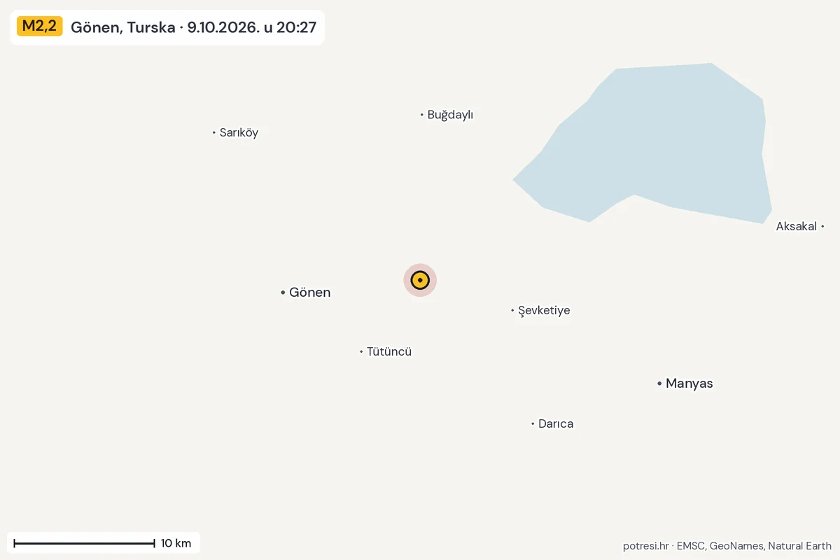 Karta: okolica epicentra, 60 km, potres M2,2, Gönen, Turska, 9.10.2026.