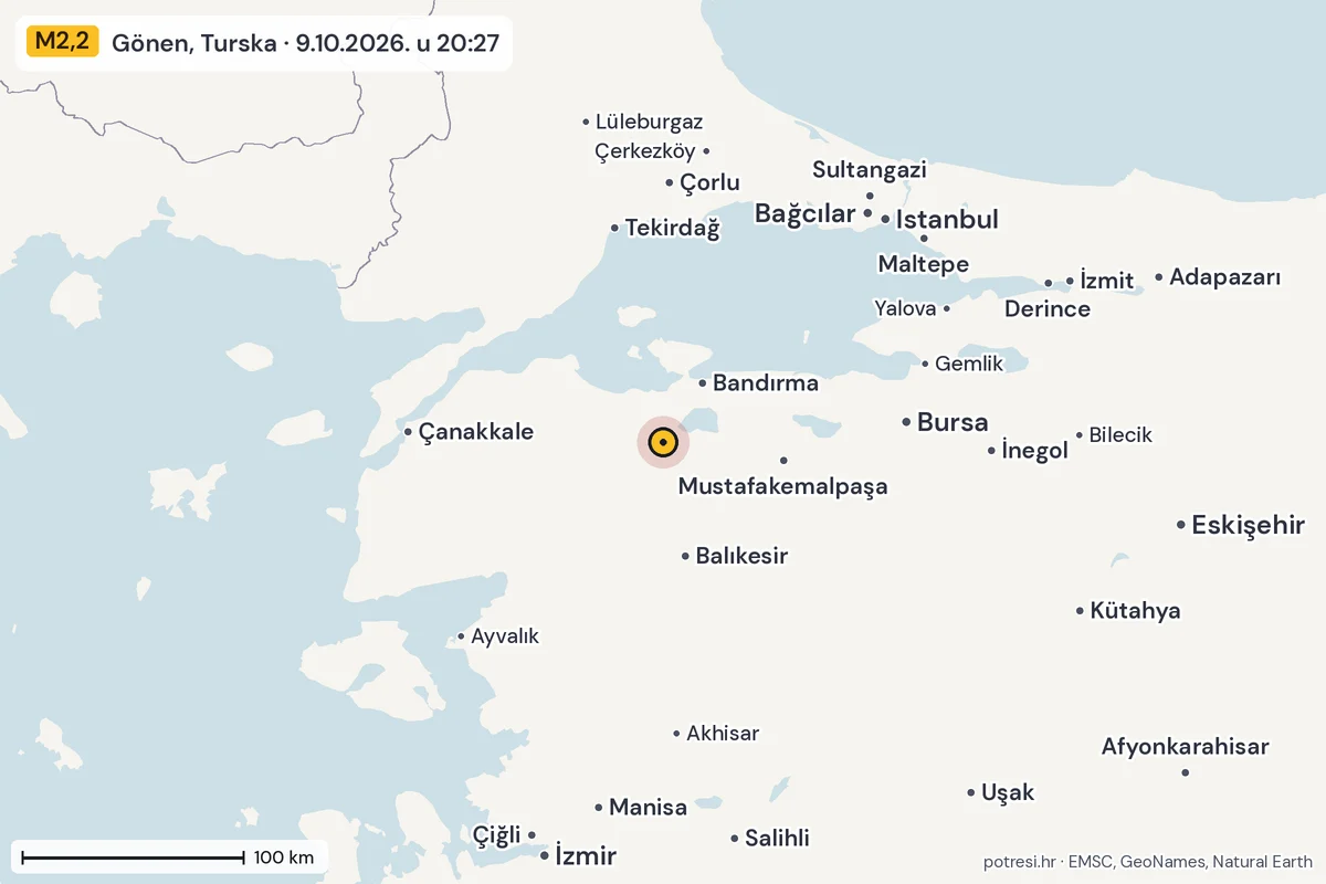 Karta: šire područje, 600 km, potres M2,2, Gönen, Turska, 9.10.2026.