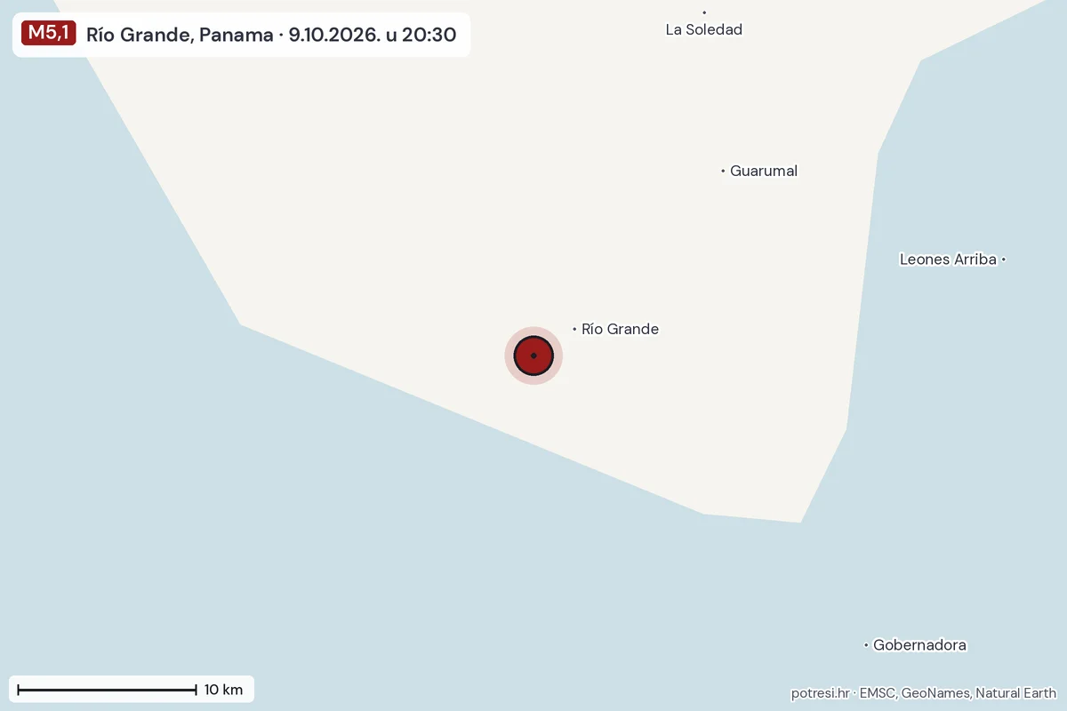 Karta: okolica epicentra, 60 km, potres M5,1, Río Grande, Panama, 9.10.2026.