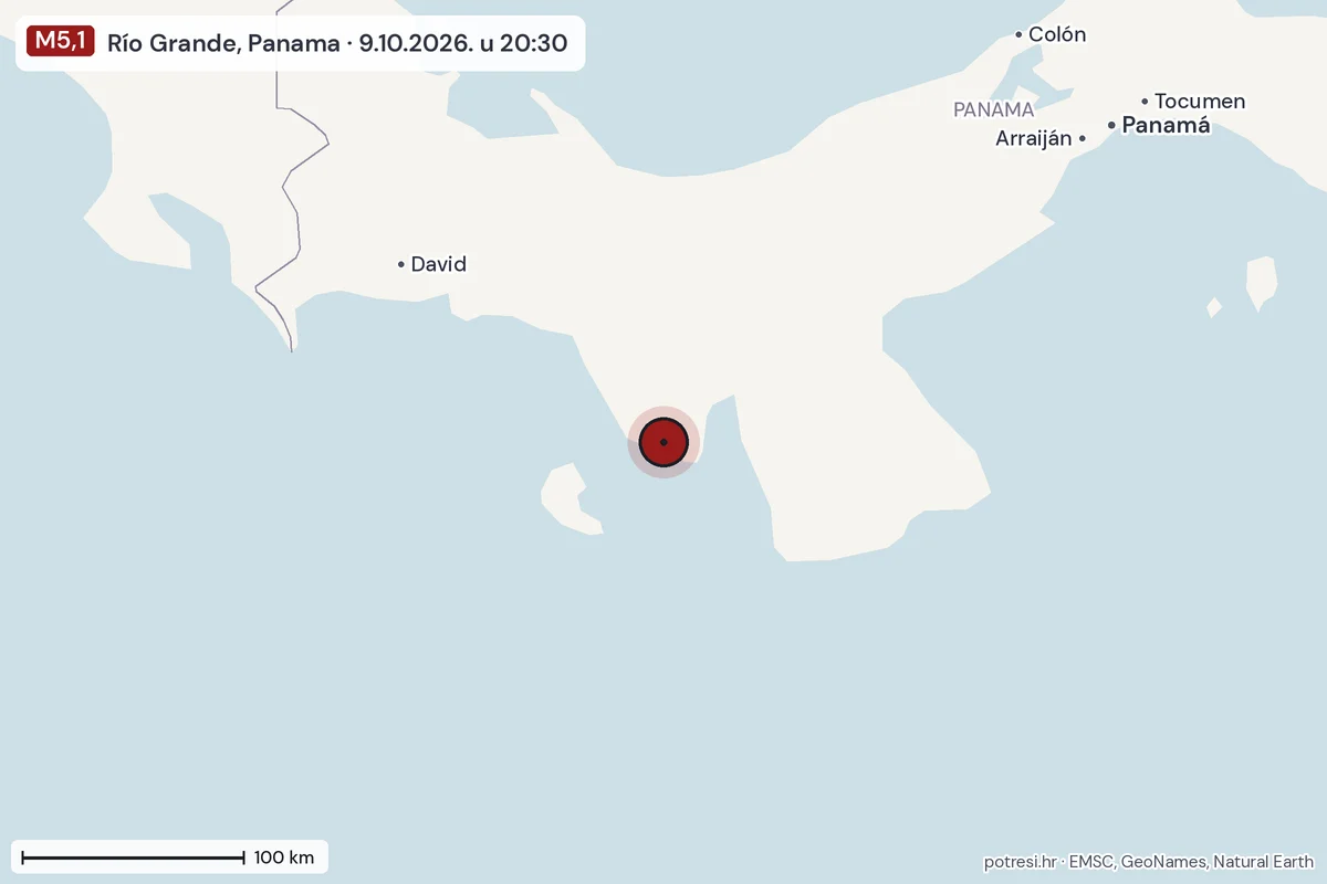 Karta: šire područje, 600 km, potres M5,1, Río Grande, Panama, 9.10.2026.
