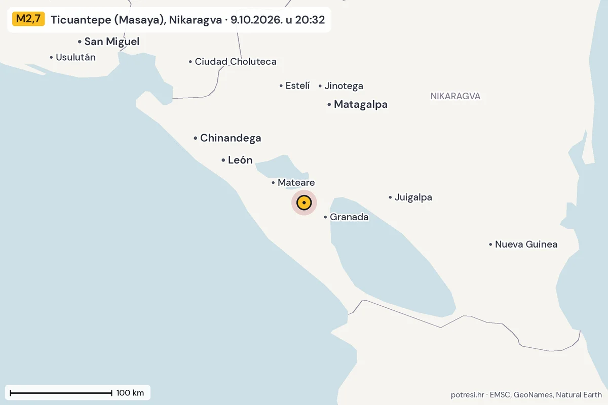 Karta: šire područje, 600 km, potres M2,7, Ticuantepe (Masaya), Nikaragva, 9.10.2026.