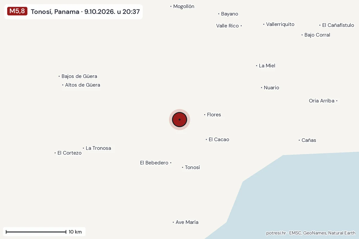 Karta: okolica epicentra, 60 km, potres M5,8, Tonosí, Panama, 9.10.2026.