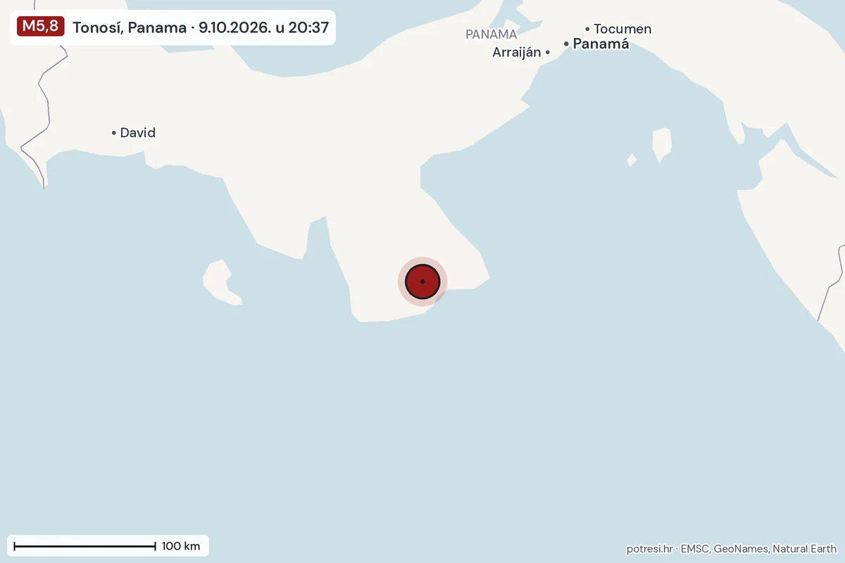 Karta: šire područje, 600 km, potres M5,8, Tonosí, Panama, 9.10.2026.