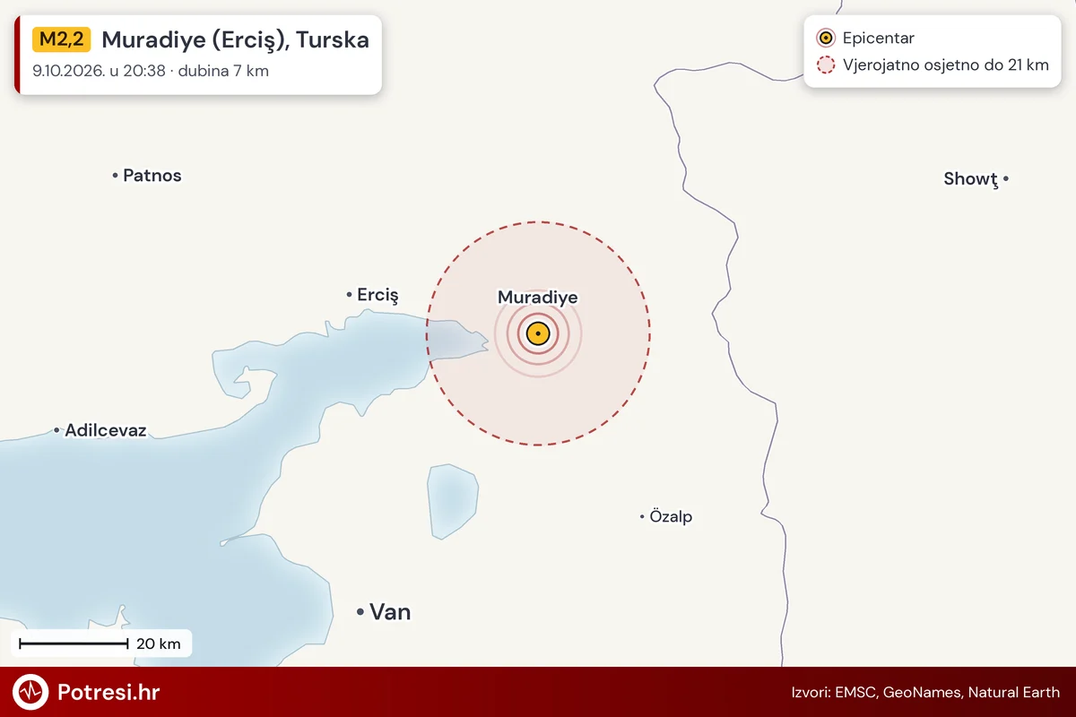 Karta: šire područje i vjerojatni doseg osjeta, potres M2,2, Muradiye (Erciş), Turska, 9.10.2026.