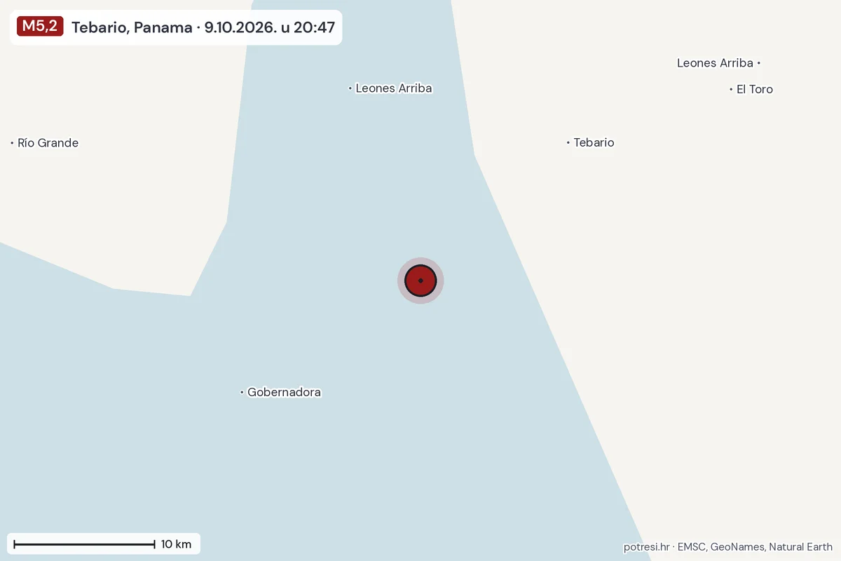 Karta: okolica epicentra, 60 km, potres M5,2, Tebario, Panama, 9.10.2026.