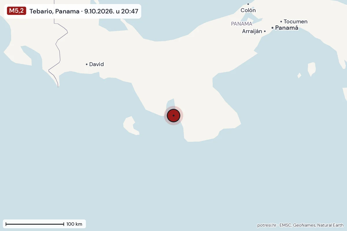 Karta: šire područje, 600 km, potres M5,2, Tebario, Panama, 9.10.2026.