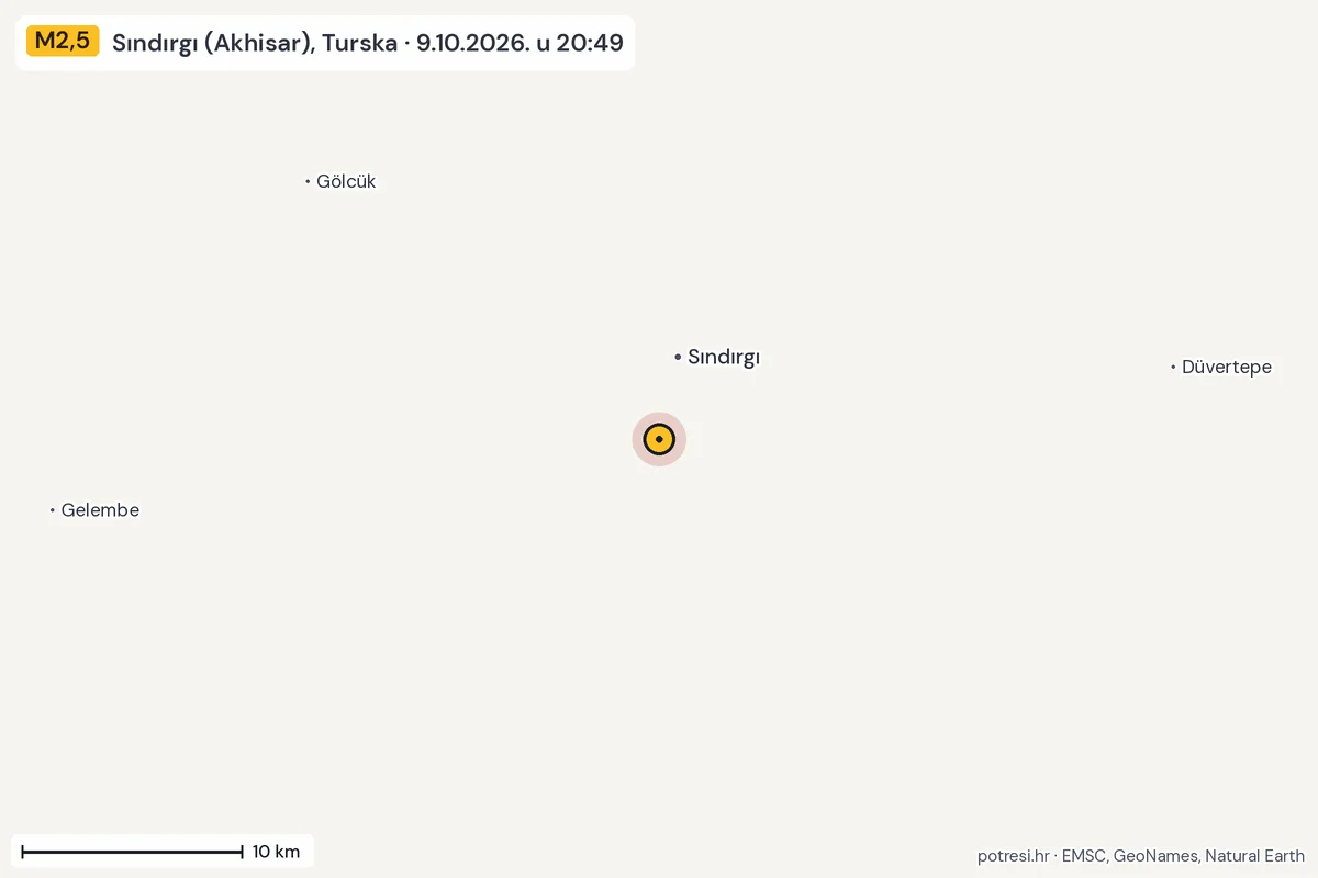 Karta: okolica epicentra, 60 km, potres M2,5, Sındırgı (Akhisar), Turska, 9.10.2026.
