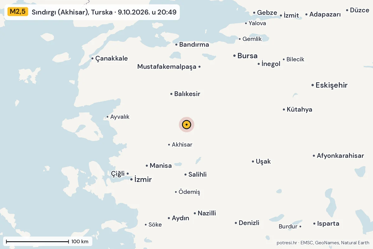Karta: šire područje, 600 km, potres M2,5, Sındırgı (Akhisar), Turska, 9.10.2026.