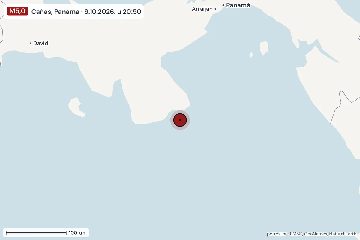 Karta: šire područje, 600 km, potres M5,0, Cañas, Panama, 9.10.2026.