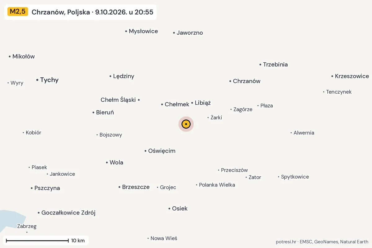 Karta: okolica epicentra, 60 km, potres M2,5, Chrzanów, Poljska, 9.10.2026.
