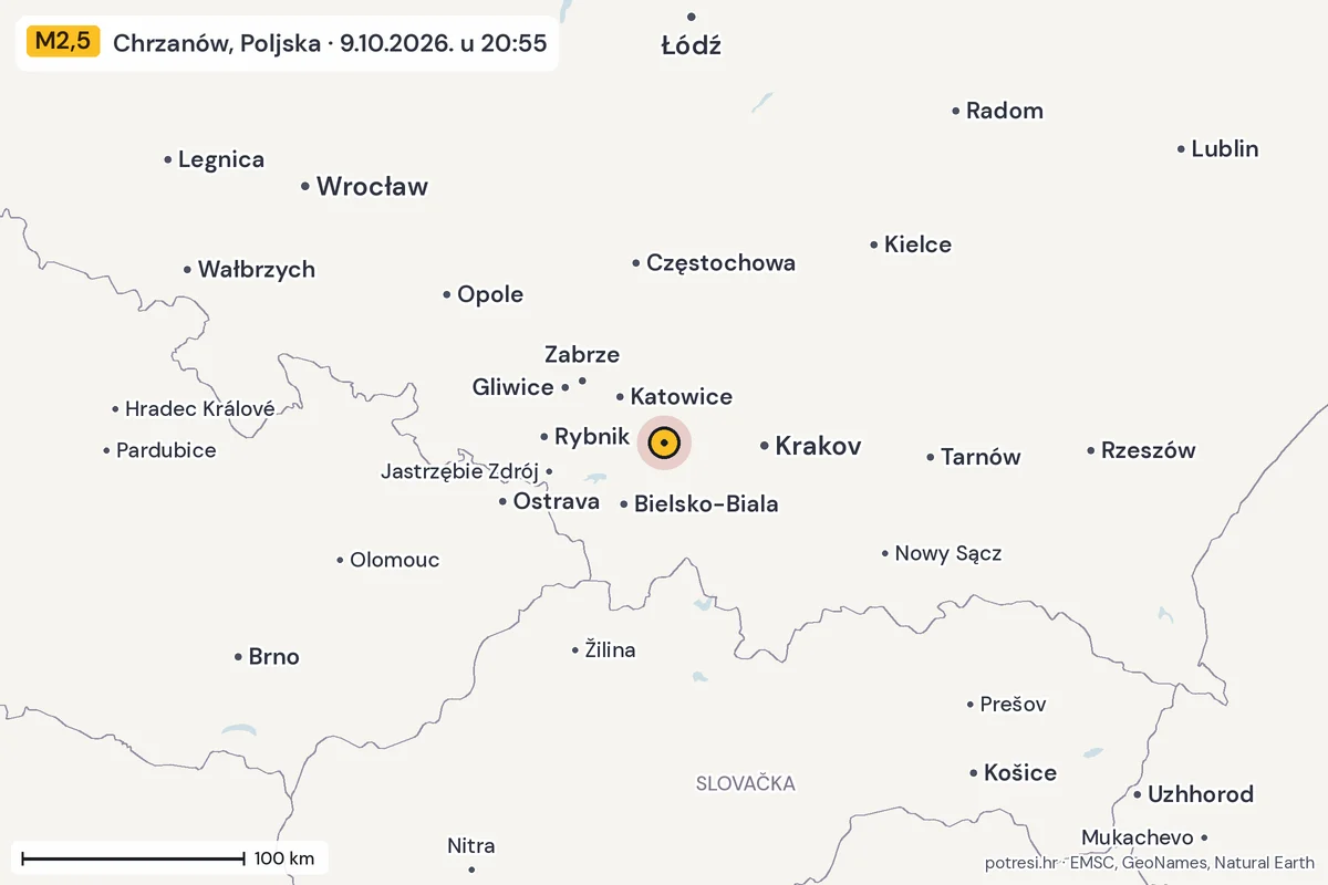 Karta: šire područje, 600 km, potres M2,5, Chrzanów, Poljska, 9.10.2026.