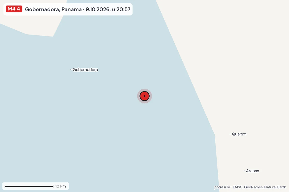 Karta: okolica epicentra, 60 km, potres M4,4, Gobernadora, Panama, 9.10.2026.