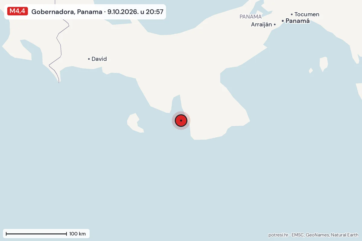 Karta: šire područje, 600 km, potres M4,4, Gobernadora, Panama, 9.10.2026.