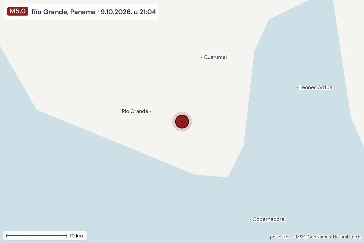 Karta: okolica epicentra, 60 km, potres M5,0, Río Grande, Panama, 9.10.2026.