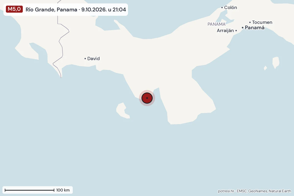 Karta: šire područje, 600 km, potres M5,0, Río Grande, Panama, 9.10.2026.