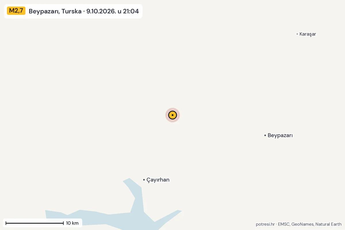 Karta: okolica epicentra, 60 km, potres M2,7, Beypazarı, Turska, 9.10.2026.