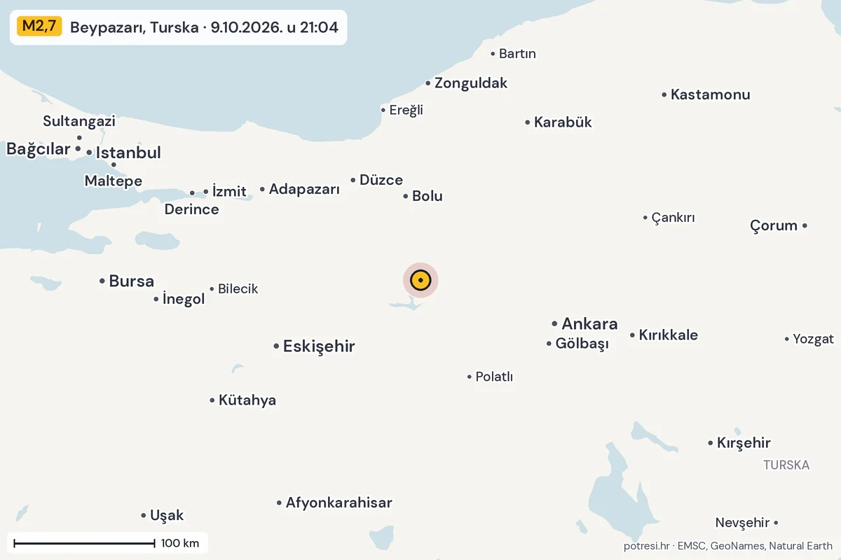 Karta: šire područje, 600 km, potres M2,7, Beypazarı, Turska, 9.10.2026.