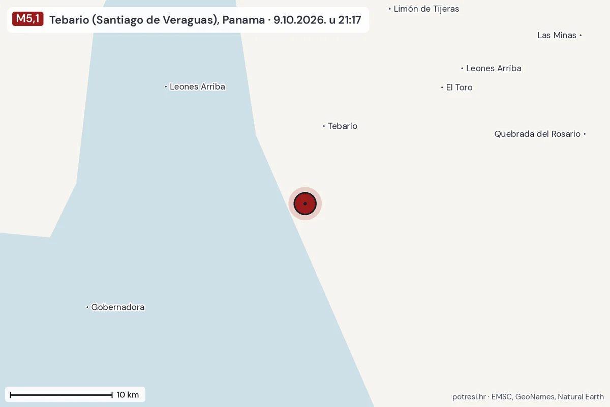 Karta: okolica epicentra, 60 km, potres M5,1, Tebario (Santiago de Veraguas), Panama, 9.10.2026.