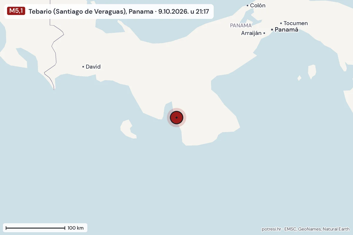 Karta: šire područje, 600 km, potres M5,1, Tebario (Santiago de Veraguas), Panama, 9.10.2026.