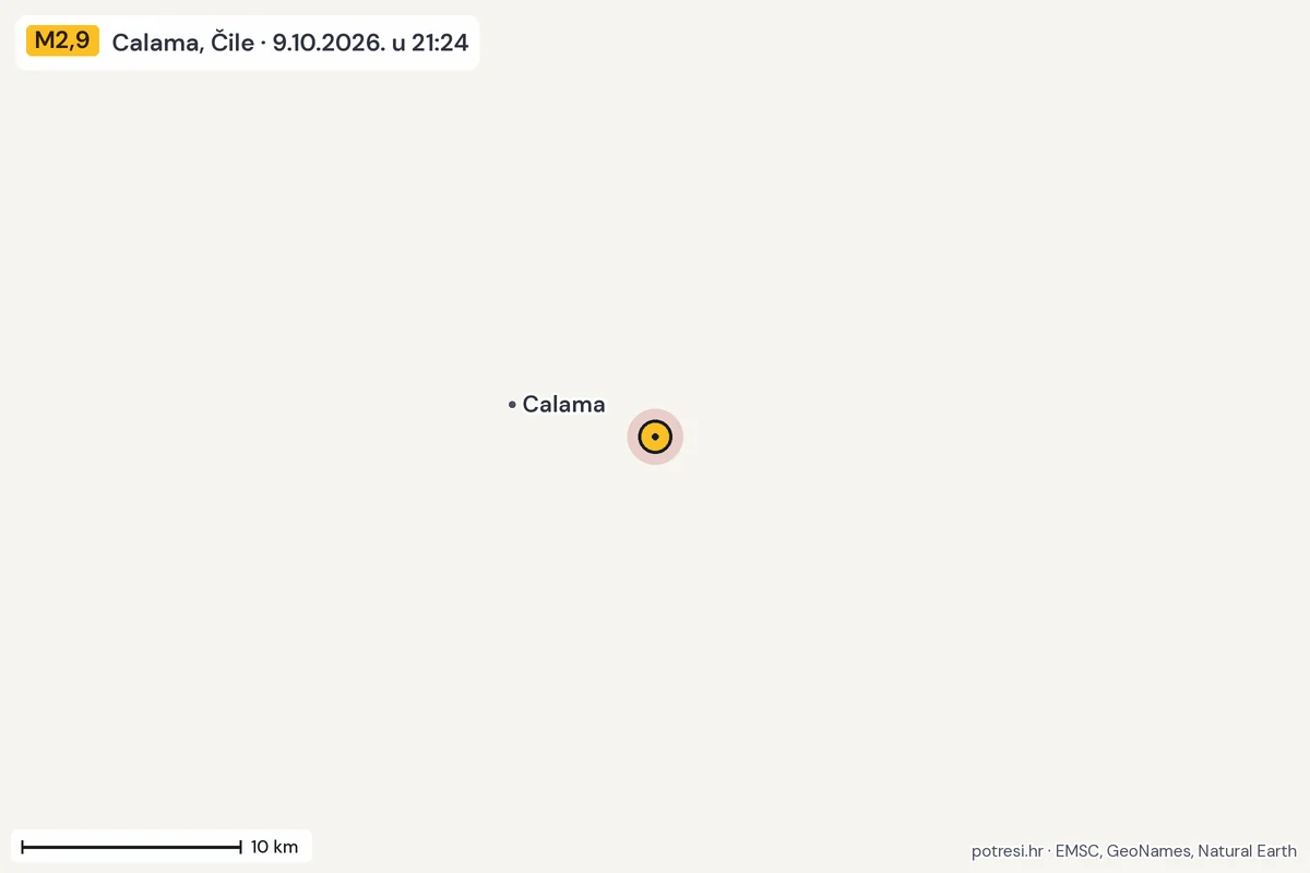 Karta: okolica epicentra, 60 km, potres M2,9, Calama, Čile, 9.10.2026.