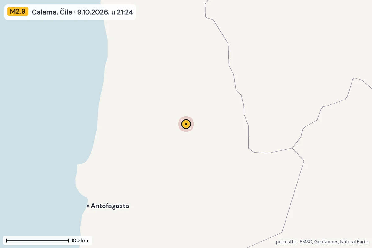Karta: šire područje, 600 km, potres M2,9, Calama, Čile, 9.10.2026.