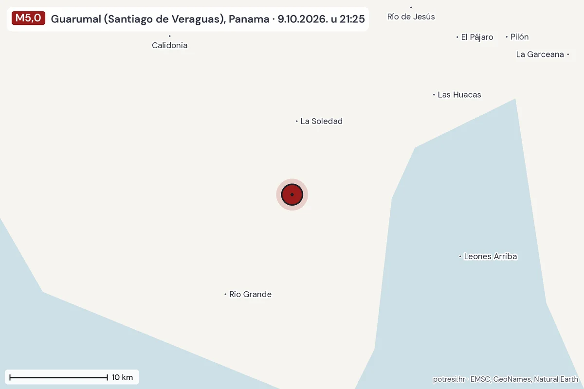 Karta: okolica epicentra, 60 km, potres M5,0, Guarumal (Santiago de Veraguas), Panama, 9.10.2026.