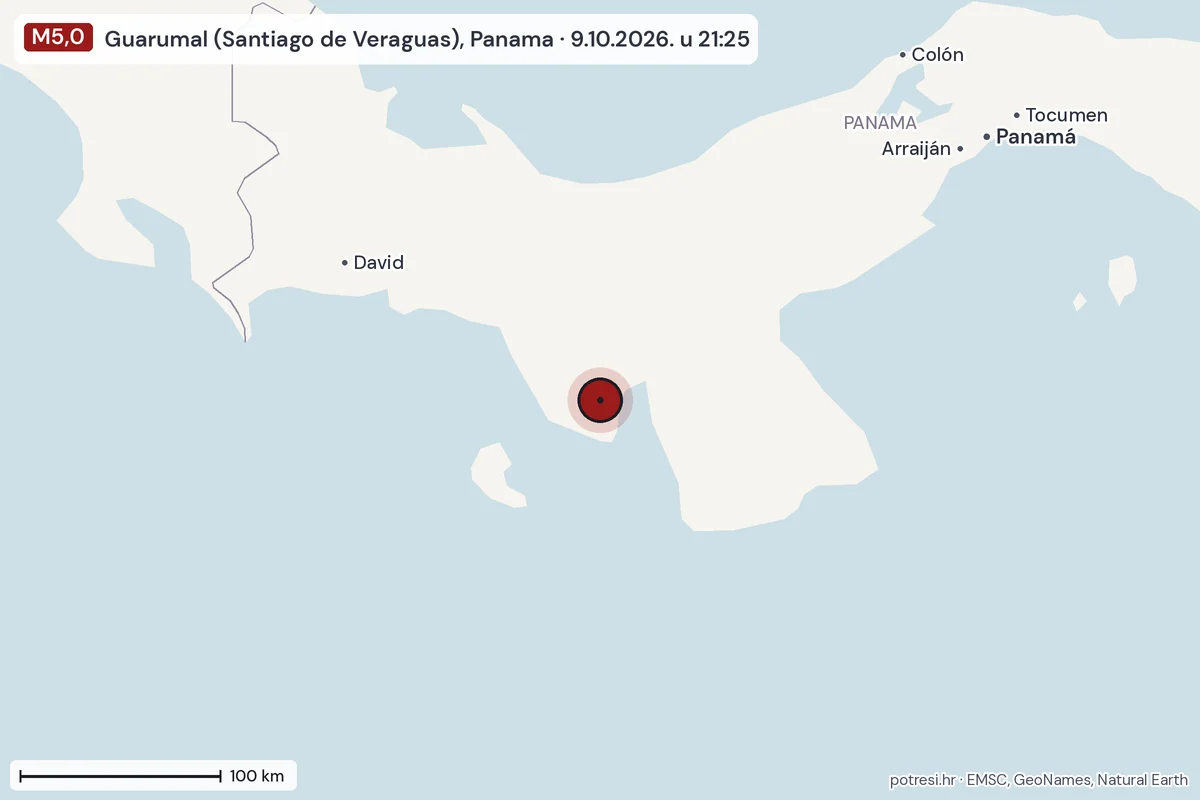 Karta: šire područje, 600 km, potres M5,0, Guarumal (Santiago de Veraguas), Panama, 9.10.2026.