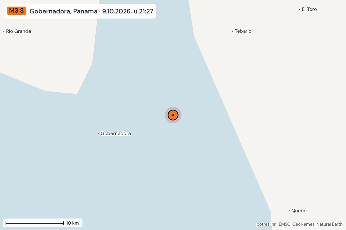 Karta: okolica epicentra, 60 km, potres M3,8, Gobernadora, Panama, 9.10.2026.