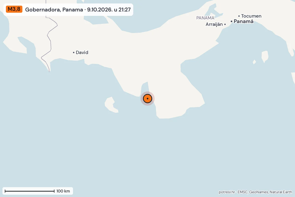 Karta: šire područje, 600 km, potres M3,8, Gobernadora, Panama, 9.10.2026.