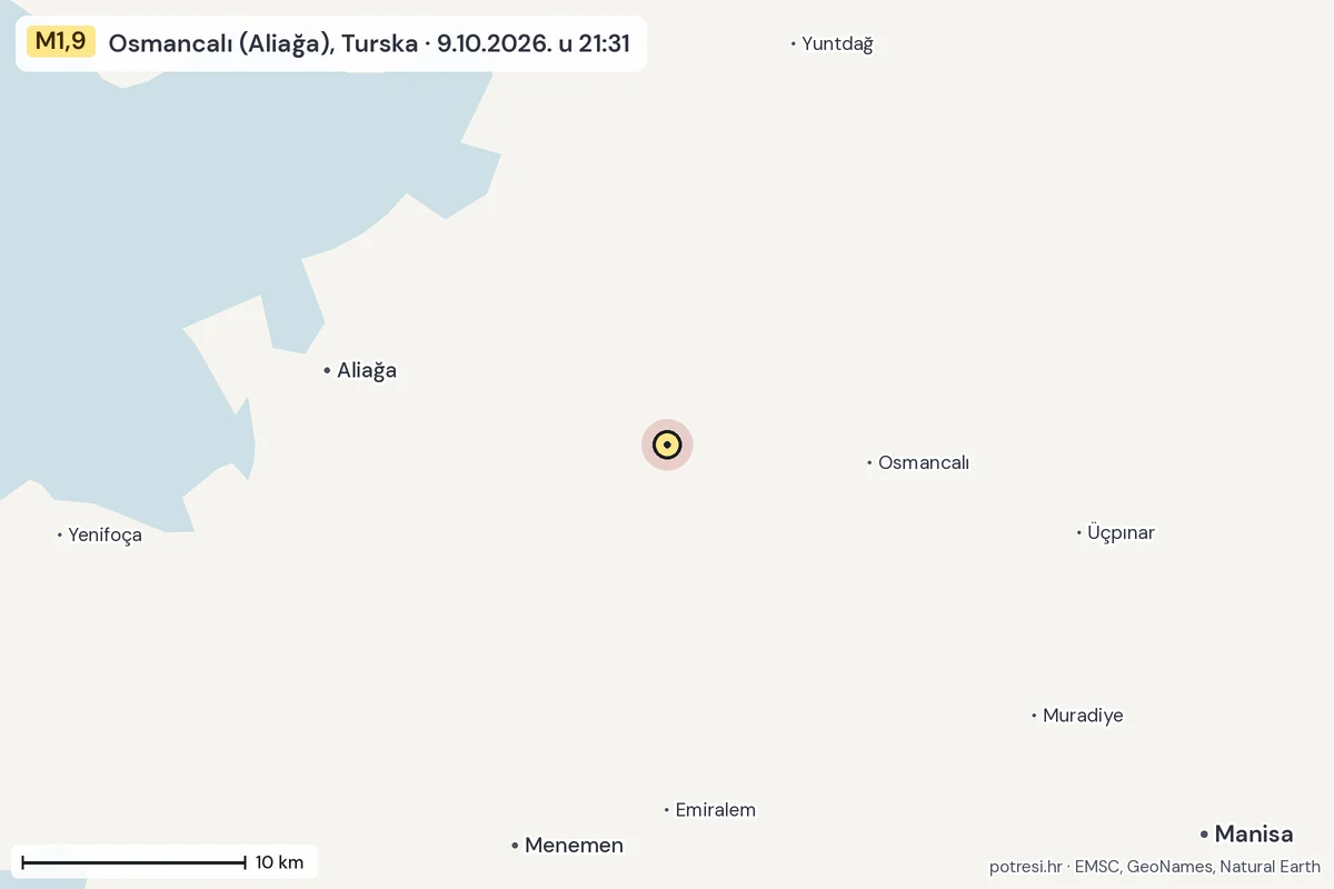 Karta: okolica epicentra, 60 km, potres M1,9, Osmancalı (Aliağa), Turska, 9.10.2026.