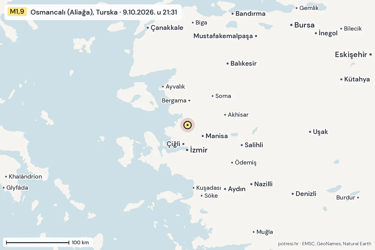 Karta: šire područje, 600 km, potres M1,9, Osmancalı (Aliağa), Turska, 9.10.2026.