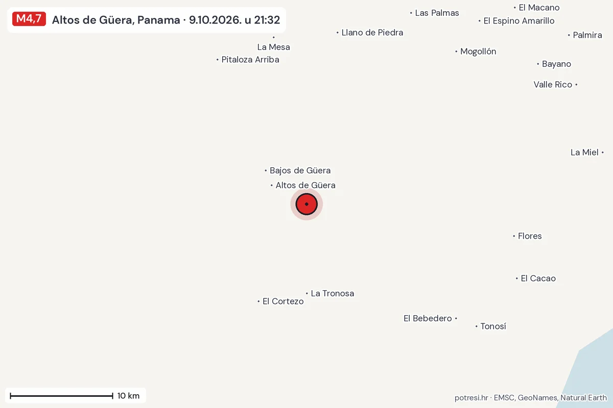 Karta: okolica epicentra, 60 km, potres M4,7, Altos de Güera, Panama, 9.10.2026.