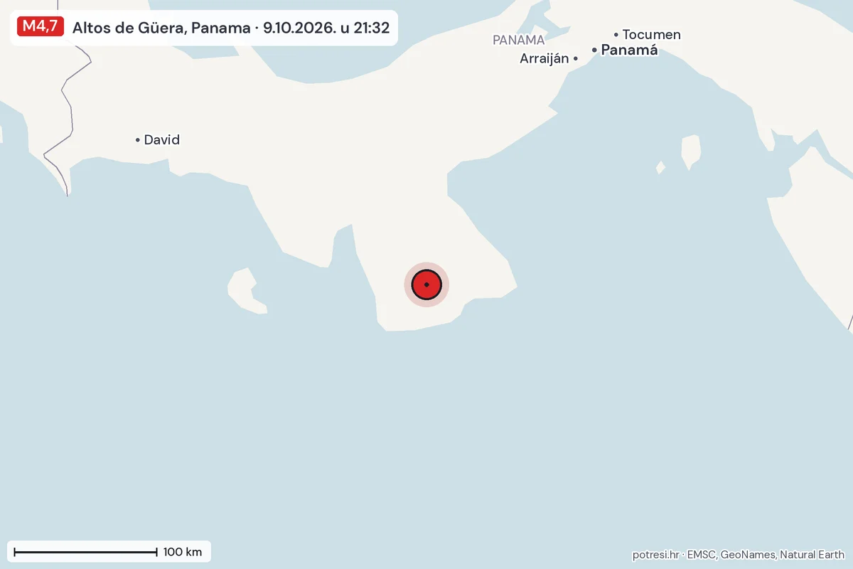 Karta: šire područje, 600 km, potres M4,7, Altos de Güera, Panama, 9.10.2026.