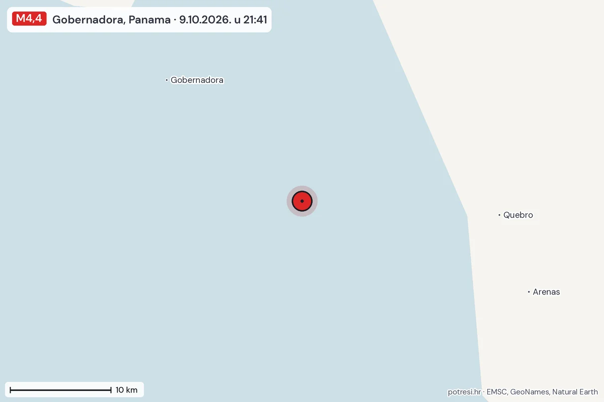 Karta: okolica epicentra, 60 km, potres M4,4, Gobernadora, Panama, 9.10.2026.