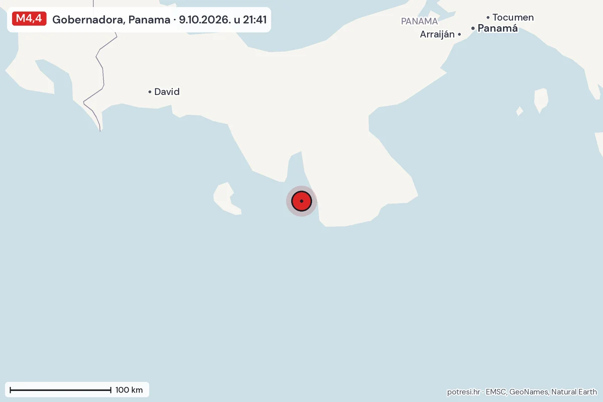 Karta: šire područje, 600 km, potres M4,4, Gobernadora, Panama, 9.10.2026.