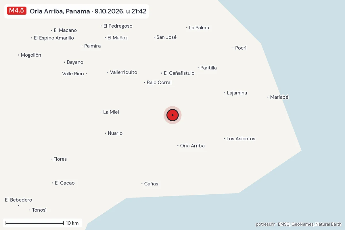 Karta: okolica epicentra, 60 km, potres M4,5, Oria Arriba, Panama, 9.10.2026.