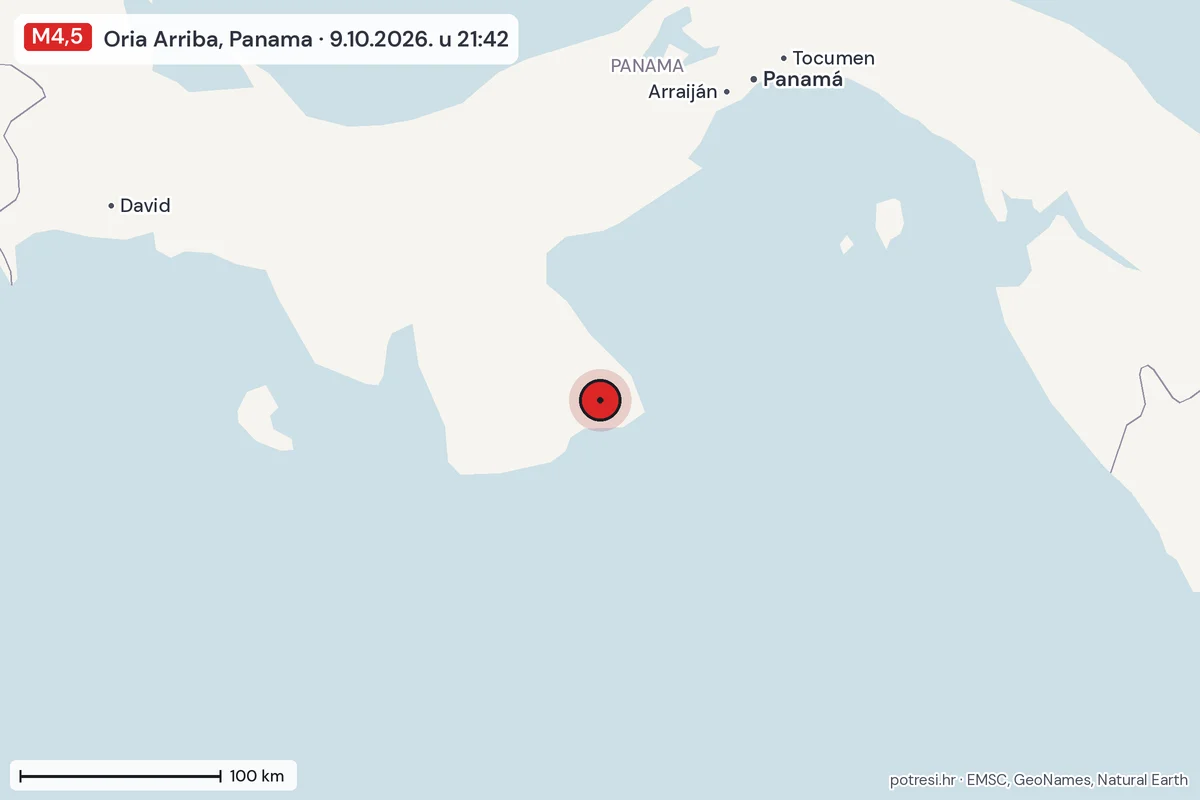 Karta: šire područje, 600 km, potres M4,5, Oria Arriba, Panama, 9.10.2026.