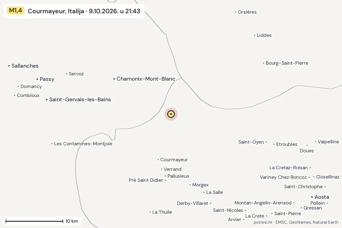 Karta: okolica epicentra, 60 km, potres M1,4, Courmayeur, Italija, 9.10.2026.