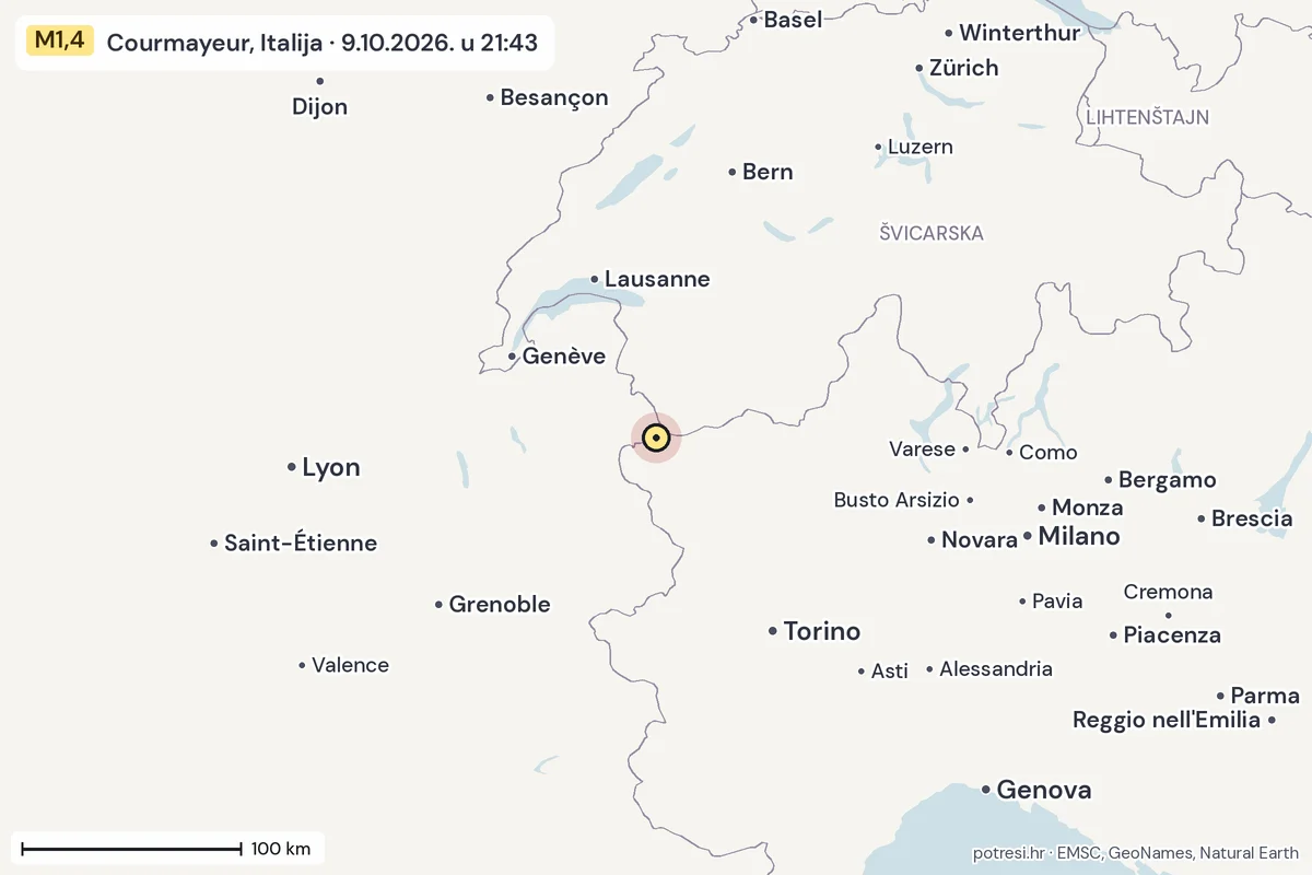 Karta: šire područje, 600 km, potres M1,4, Courmayeur, Italija, 9.10.2026.