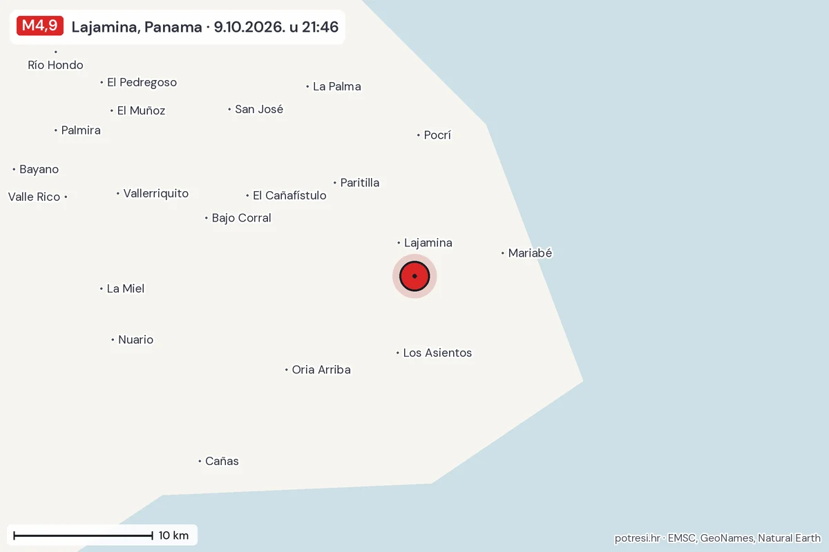 Karta: okolica epicentra, 60 km, potres M4,9, Lajamina, Panama, 9.10.2026.