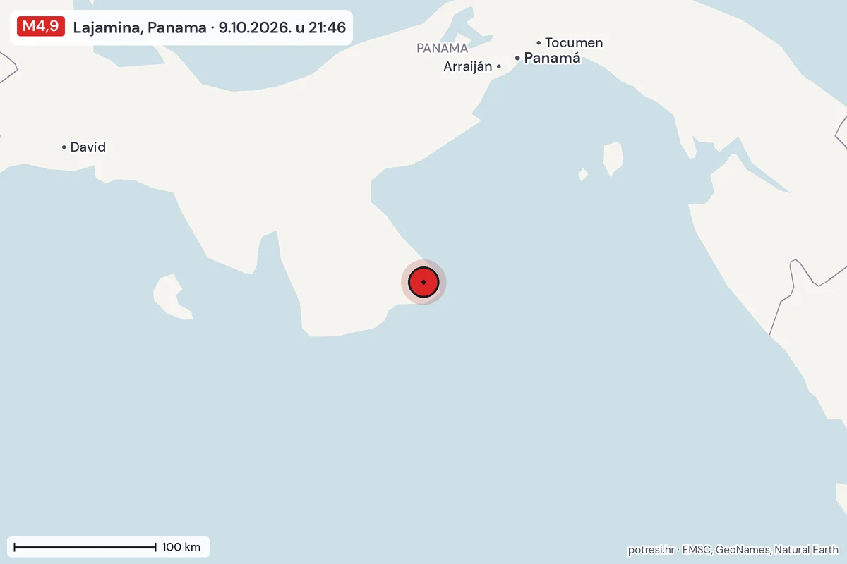 Karta: šire područje, 600 km, potres M4,9, Lajamina, Panama, 9.10.2026.