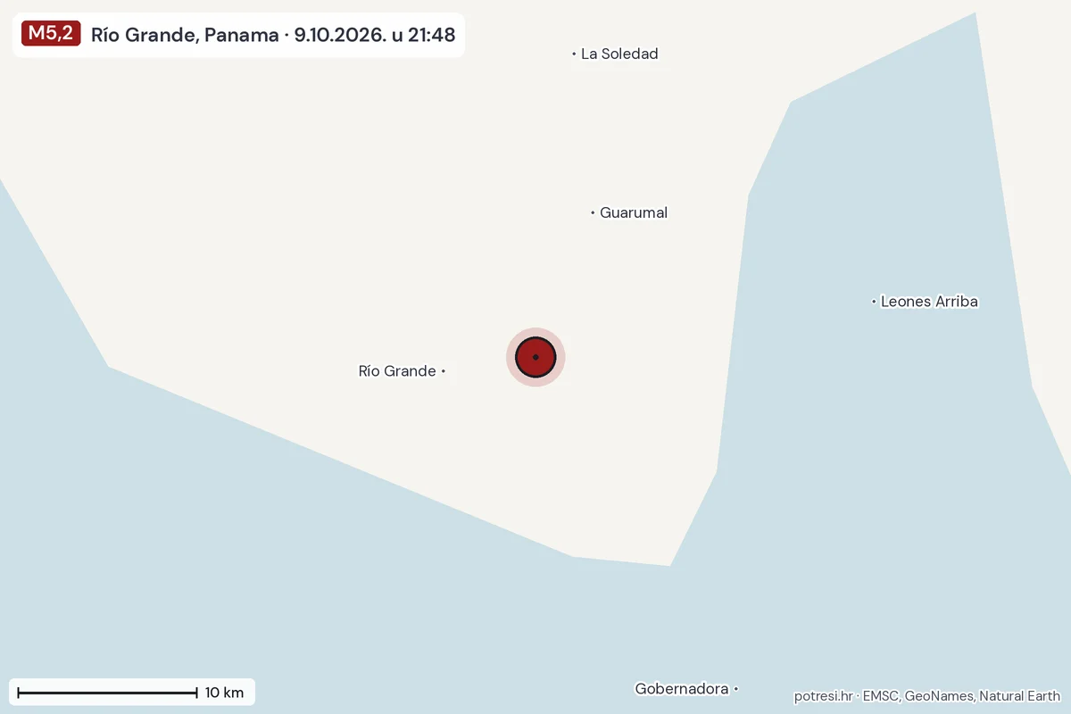 Karta: okolica epicentra, 60 km, potres M5,2, Río Grande, Panama, 9.10.2026.