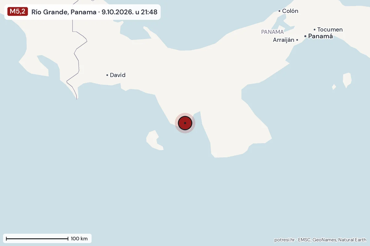Karta: šire područje, 600 km, potres M5,2, Río Grande, Panama, 9.10.2026.