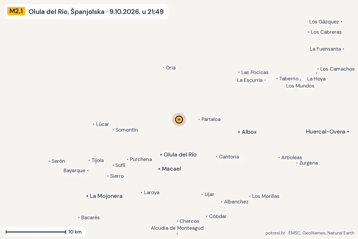 Karta: okolica epicentra, 60 km, potres M2,1, Olula del Río, Španjolska, 9.10.2026.