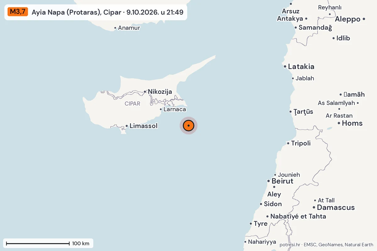 Karta: šire područje, 600 km, potres M3,7, Ayia Napa (Protaras), Cipar, 9.10.2026.