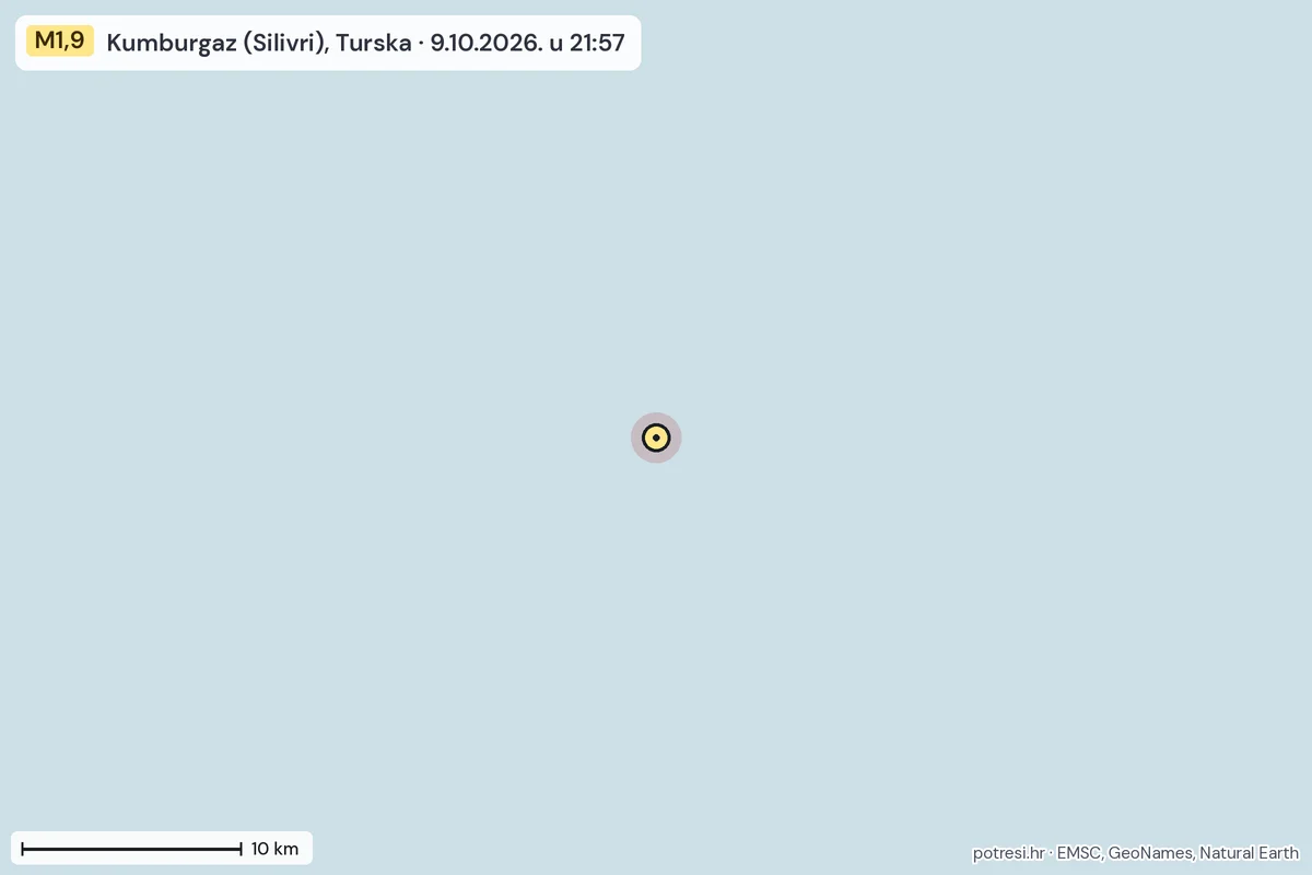 Karta: okolica epicentra, 60 km, potres M1,9, Kumburgaz (Silivri), Turska, 9.10.2026.