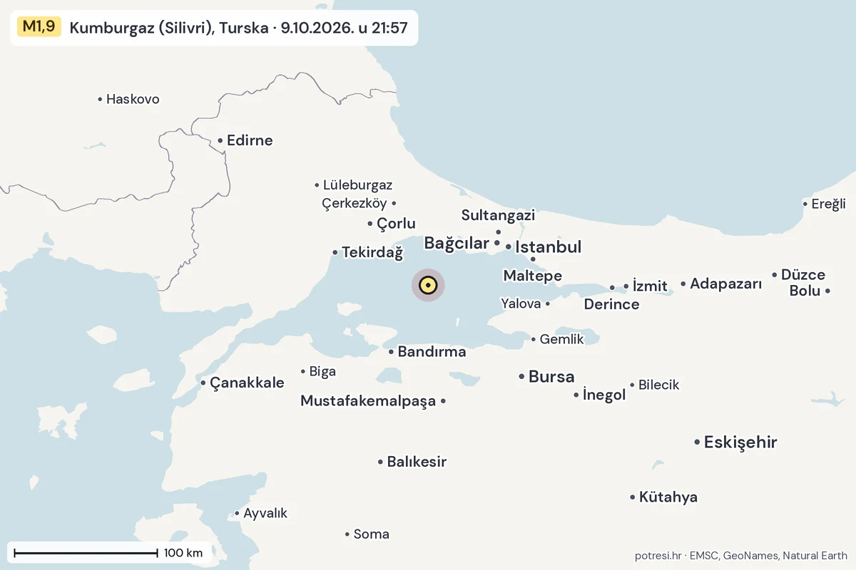 Karta: šire područje, 600 km, potres M1,9, Kumburgaz (Silivri), Turska, 9.10.2026.