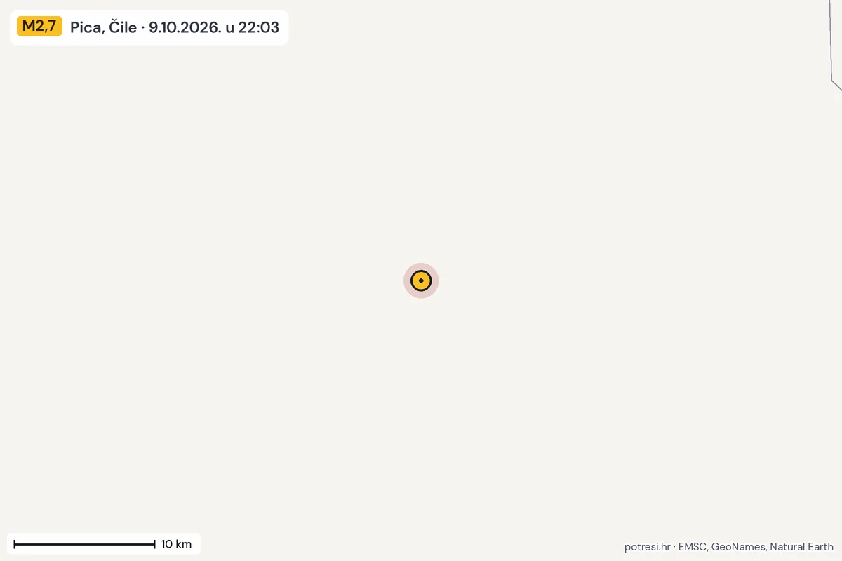 Karta: okolica epicentra, 60 km, potres M2,7, Pica, Čile, 9.10.2026.