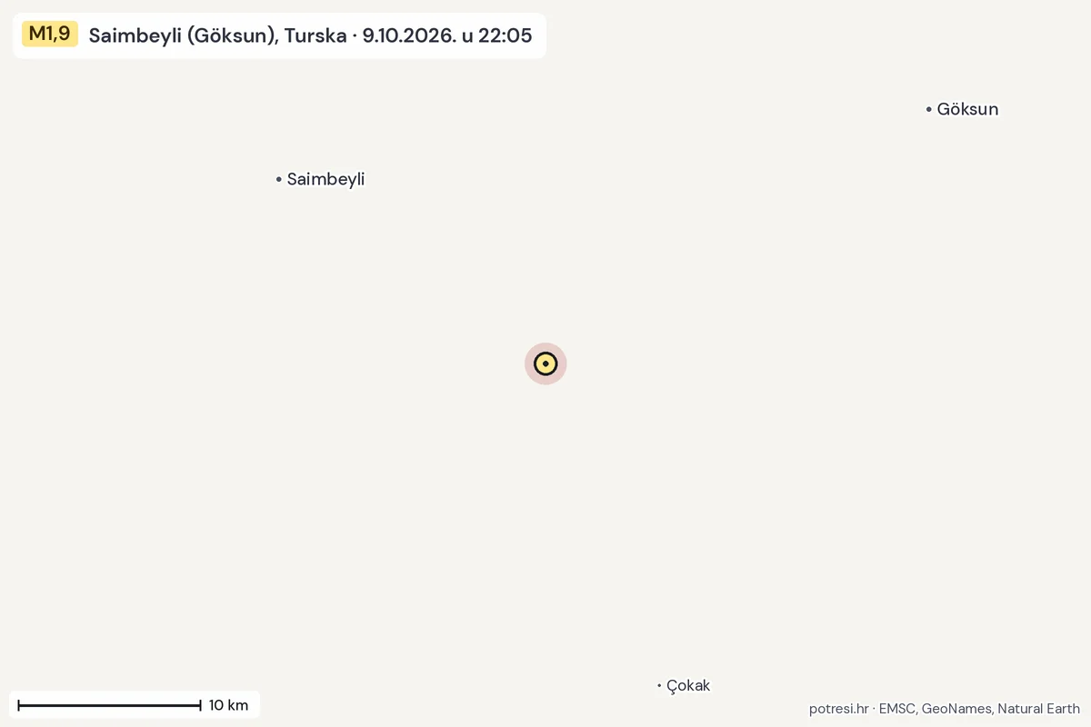 Karta: okolica epicentra, 60 km, potres M1,9, Saimbeyli (Göksun), Turska, 9.10.2026.