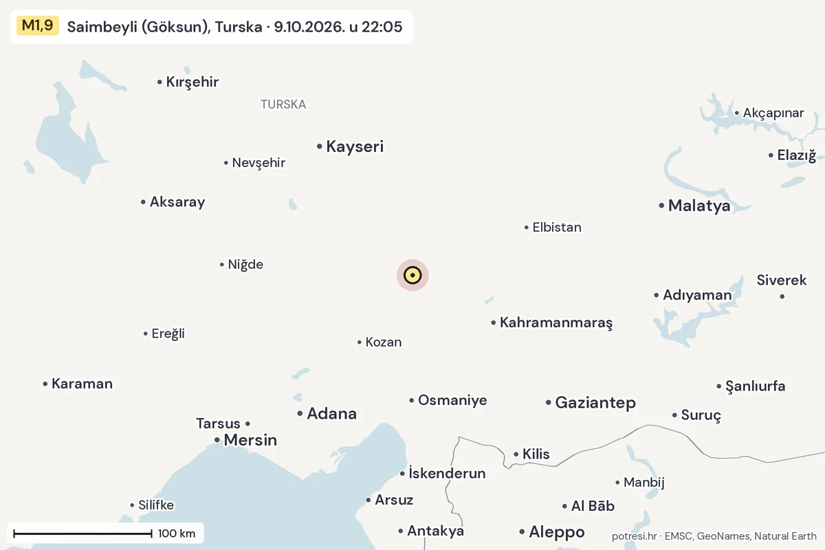 Karta: šire područje, 600 km, potres M1,9, Saimbeyli (Göksun), Turska, 9.10.2026.